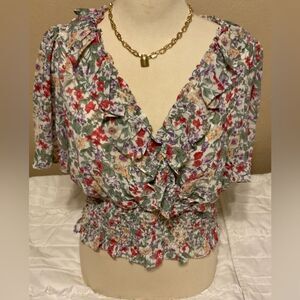 ASTR The Label Floral V-Neck Clinched Waist Bell Sleeve Top Size XL NWOT